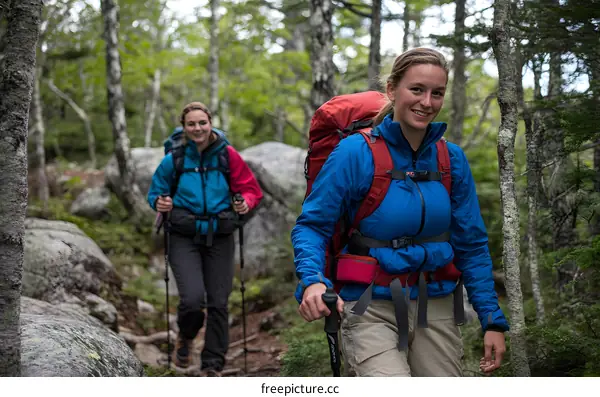 Two Female Hikers Walking on a Trail in the Woods