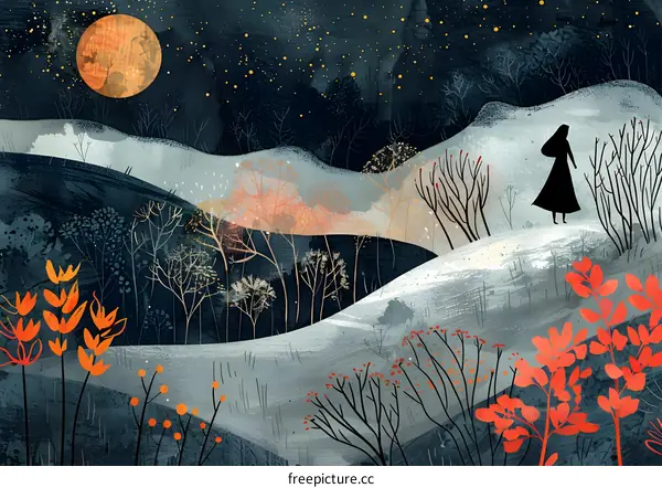 A girl walking in a snowy forest at night