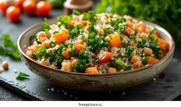A delicious and healthy salad with quinoa, chickpeas, tomatoes, and parsley