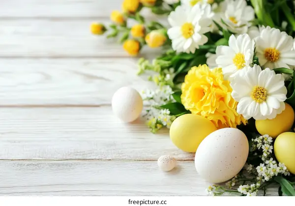 Easter Flowers and Eggs on Wooden Tabletop