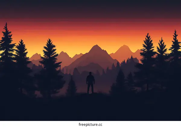Silhouette of a Man Standing in Front of a Mountain Range at Sunset