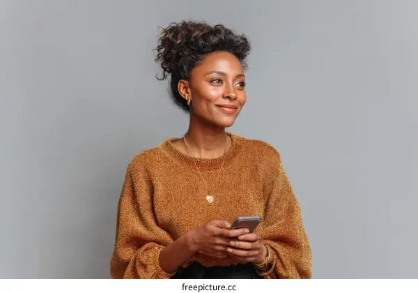 Woman Holding Phone Portrait Style Studio Shot