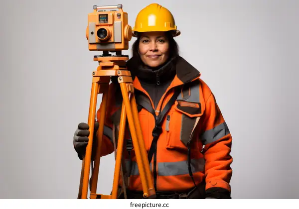A female surveyor wearing a hard hat and safety vest stands next to a tripod with a surveying instrument on it