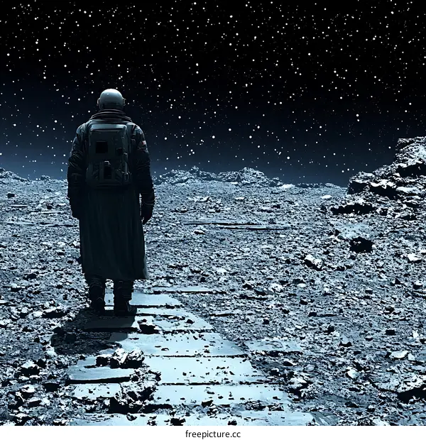 Astronaut Alone on a Lunar Surface at Night