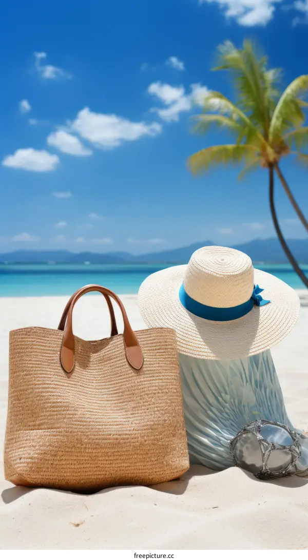 Beach relaxation with a straw hat and a beach bag