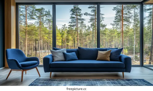 Modern Living Room with Forest View