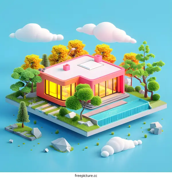 Minimalist 3D Illustration of a Modern House with Swimming Pool