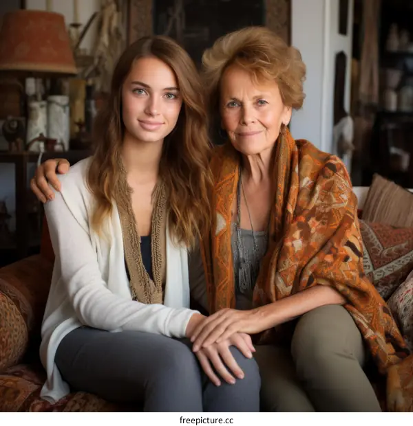 Portrait of a Young and Elderly Woman, Family Love and Support Together