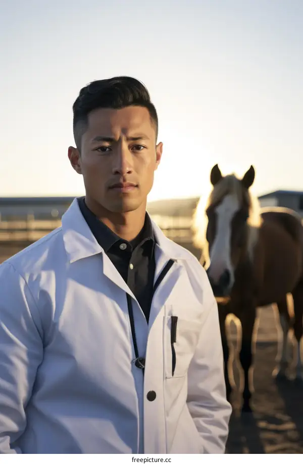 Asian male veterinarian in a white lab coat standing in a field with a horse in the background