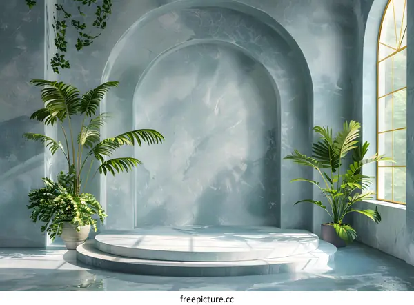 Round White Display Table with Green Arch Wall