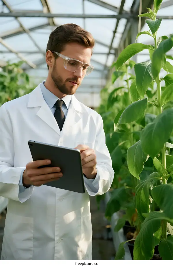 Male scientist in lab coat using tablet in greenhouse