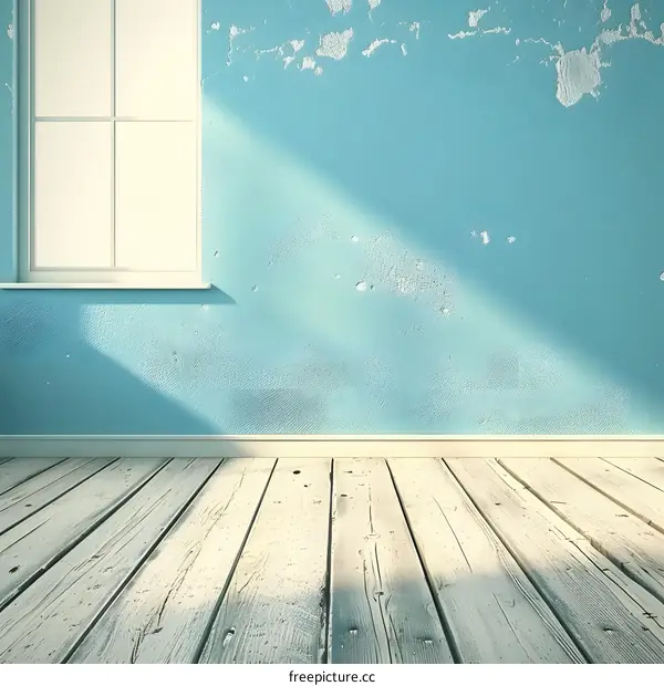 Empty Room with Blue Wall and Wooden Floor