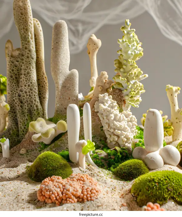 White Coral and Green Moss Close Up Macro Photography