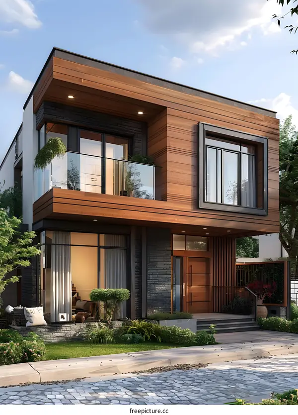 Airy and bright modern house exterior with wood accents