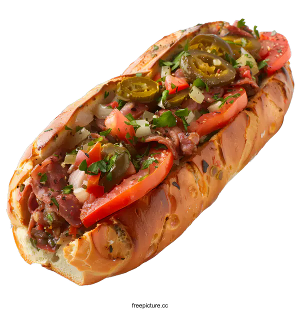 [Transparent Background PNG]Delicious Sub Sandwich with Pastrami and Vegetables