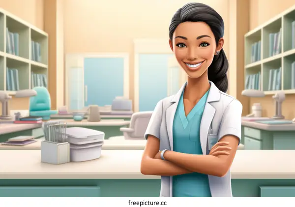 Asian Female Doctor Wearing Turquoise Scrubs Smiling While Standing in a Hospital