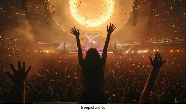 Crowd of People at a Concert with Bright Lights and Confetti Falling