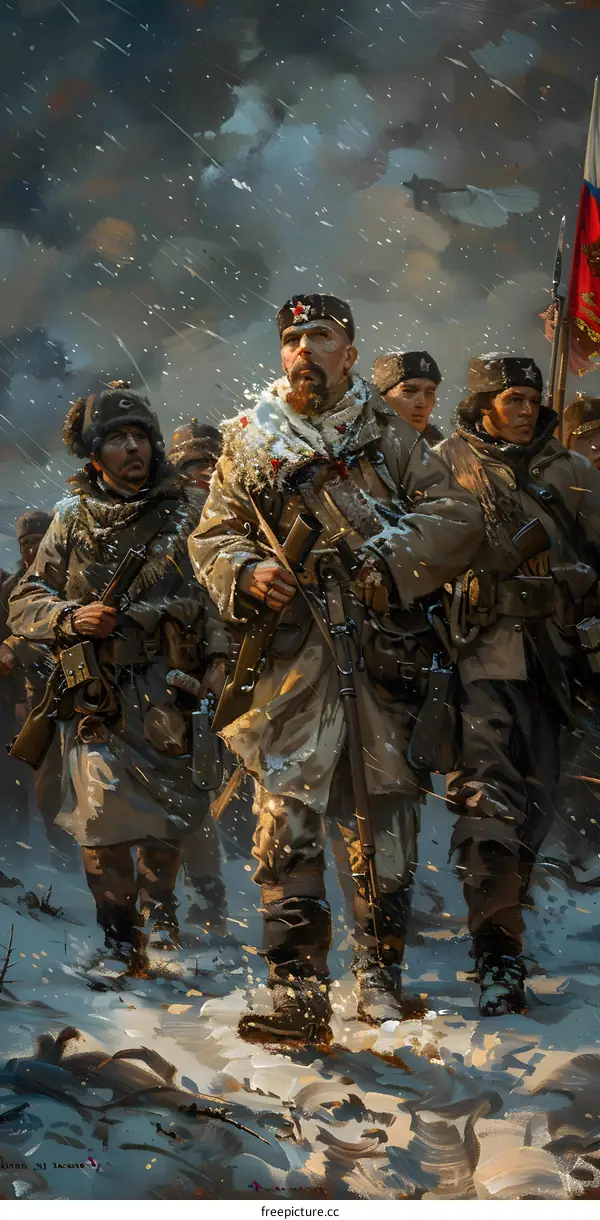 A group of soldiers wearing winter gear and carrying rifles march through the snow.