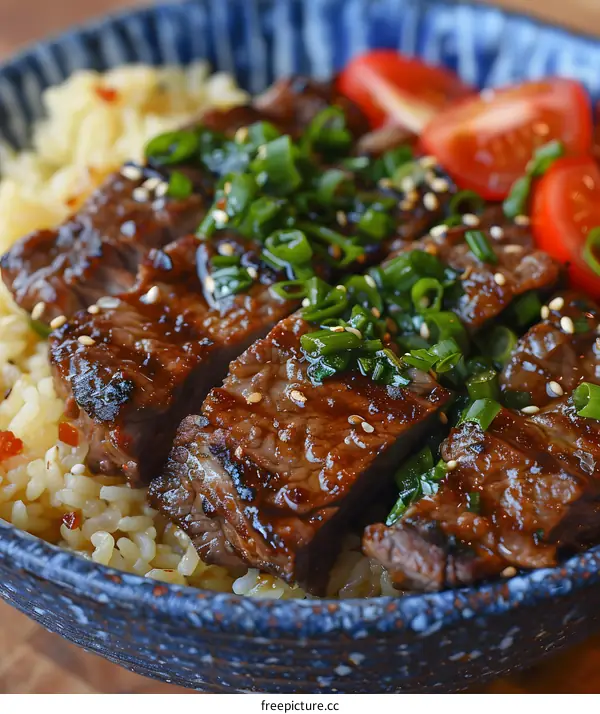 Grilled steak with rice and tomatoes