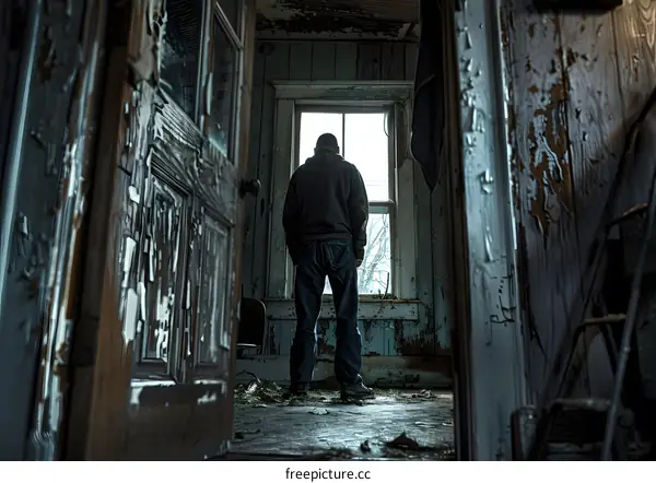 Man Standing in Abandoned House Looking Out Window