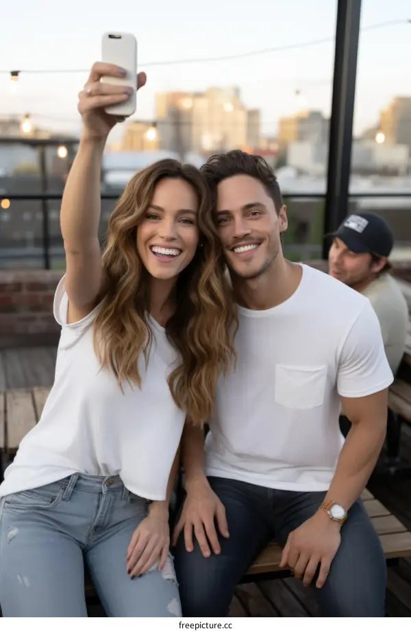 A smiling couple taking a selfie on a rooftop