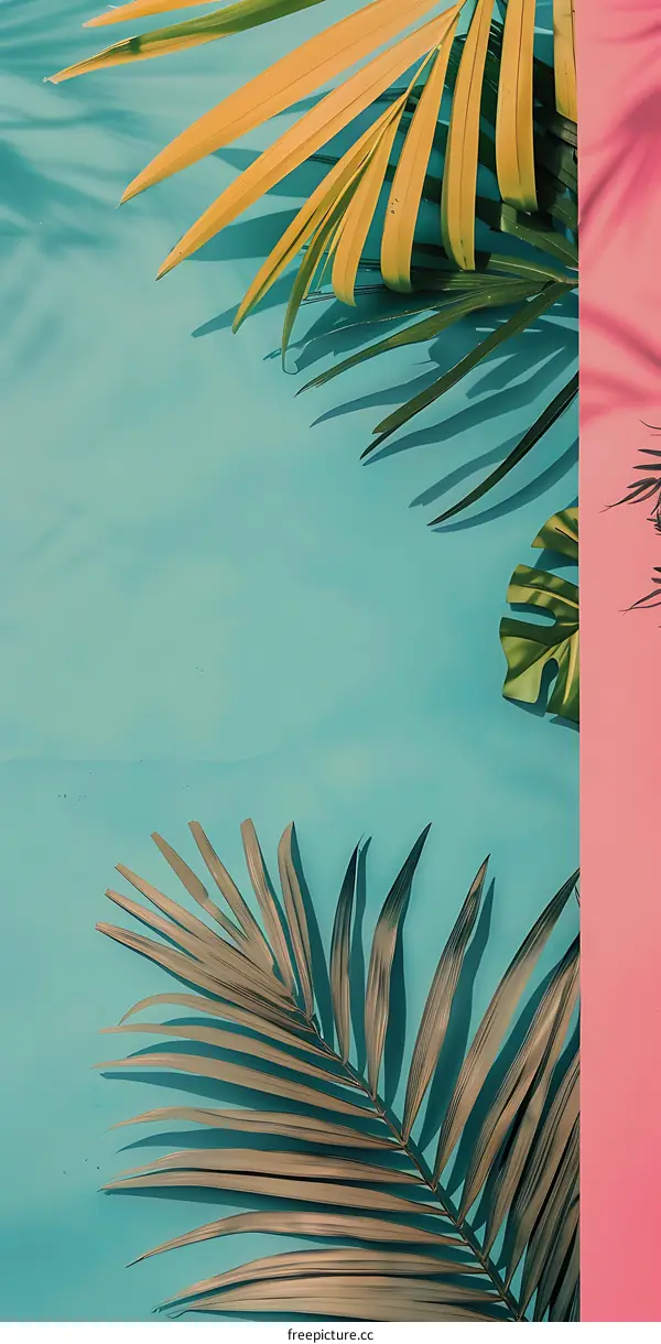 Tropical Palm Leaves on a Blue and Pink Background
