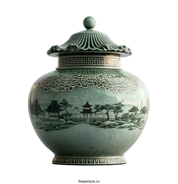 [Transparent Background PNG]Traditional Chinese Green Ceramic Jar with Lid