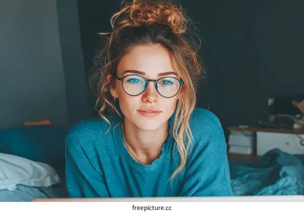 Young Woman with Glasses in a Cozy Room
