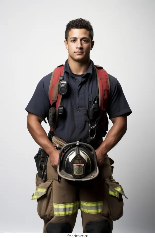Portrait of a young firefighter in uniform holding a helmet