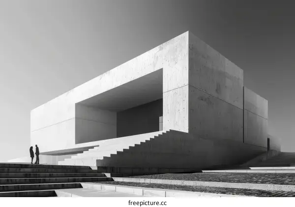 Brutalism architecture concrete building with stairs and shadows of two people