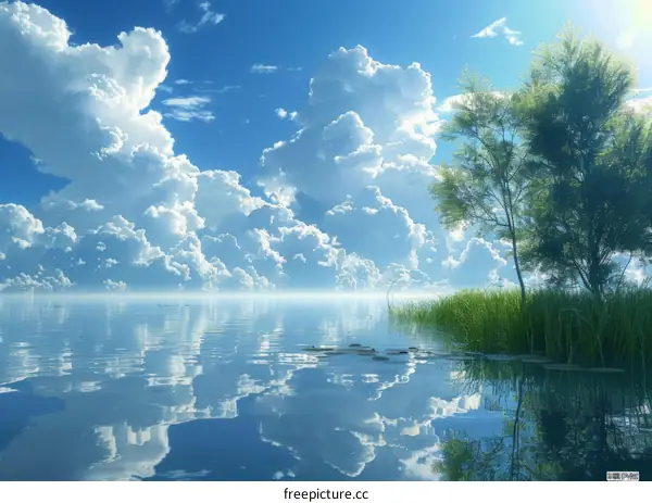 Blue sky and white clouds reflecting on the lake