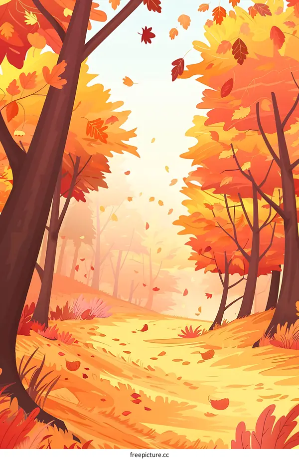 Autumn Forest Path with Falling Leaves