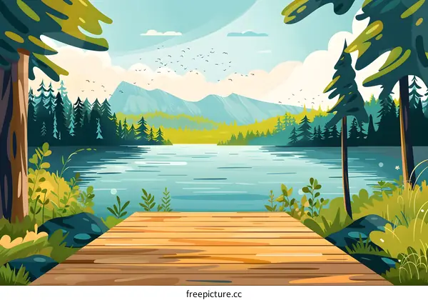 Wooden Dock Overlooking Tranquil Mountain Lake