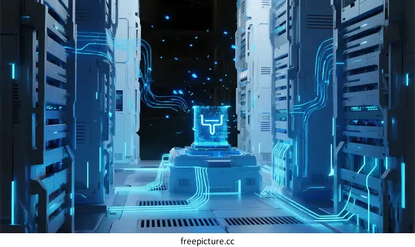 Futuristic Data Center with Central Processing Unit in Blue Glow