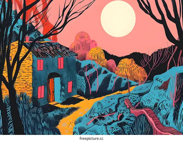 Colorful Illustration of a House in a Dreamy Landscape