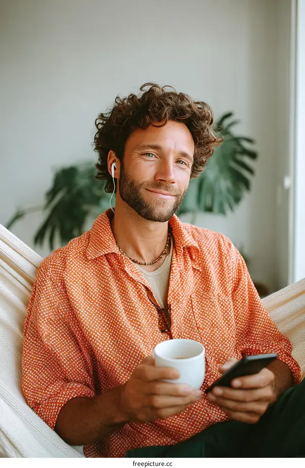Relaxing Man with Headphones on Hammock