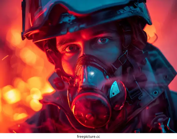 Portrait of a firefighter wearing a protective mask and helmet