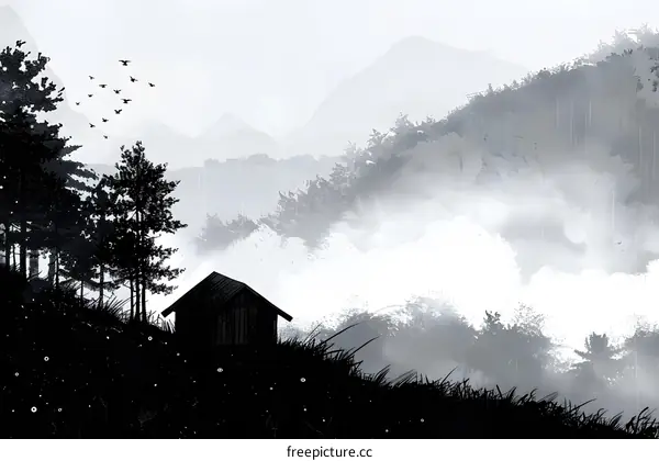 Solitary cabin amidst misty mountains