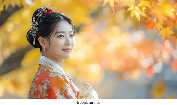 Portrait of a young Korean woman in traditional Korean dress, or Hanbok, smiling away from the camera with autumn leaves in the background