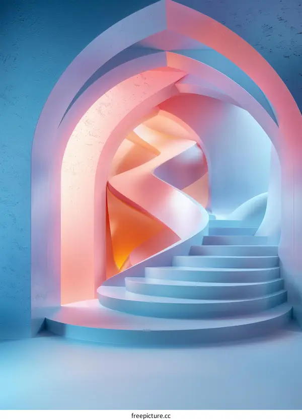 Blue and pink pastel color 3D rendering background with stairs and arch