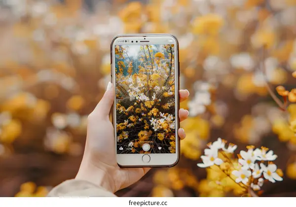 Hand Holding Smartphone With Photo Of Yellow Flowers