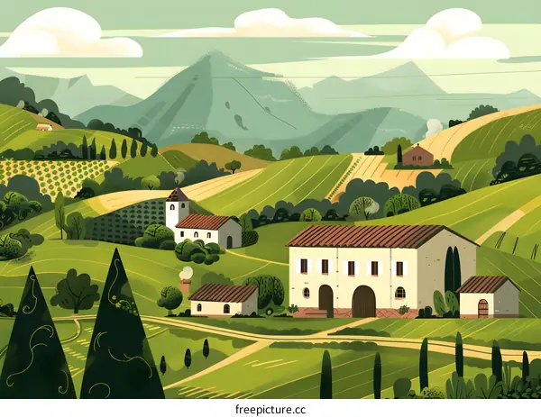 Green Hills and Farmhouse Landscape Illustration