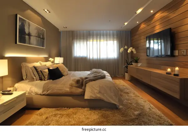 Modern and minimalist bedroom with warm and inviting colors