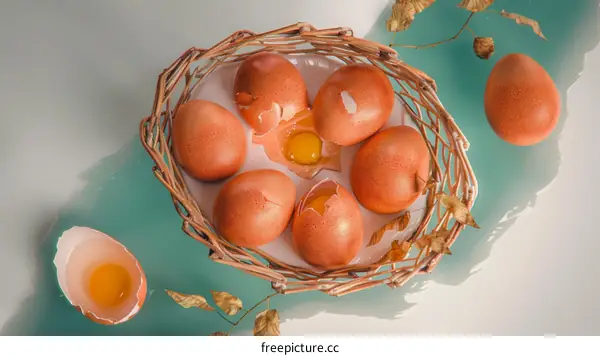 Cracked Eggs in a Bird's Nest on Teal Background