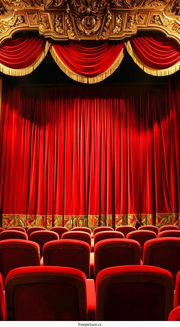 Red Velvet Stage Curtains and Empty Seats in Theater
