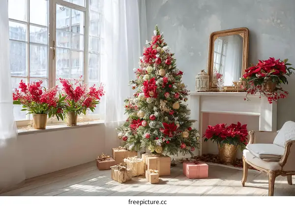 Christmas Interior Decor with Presents and a Tree