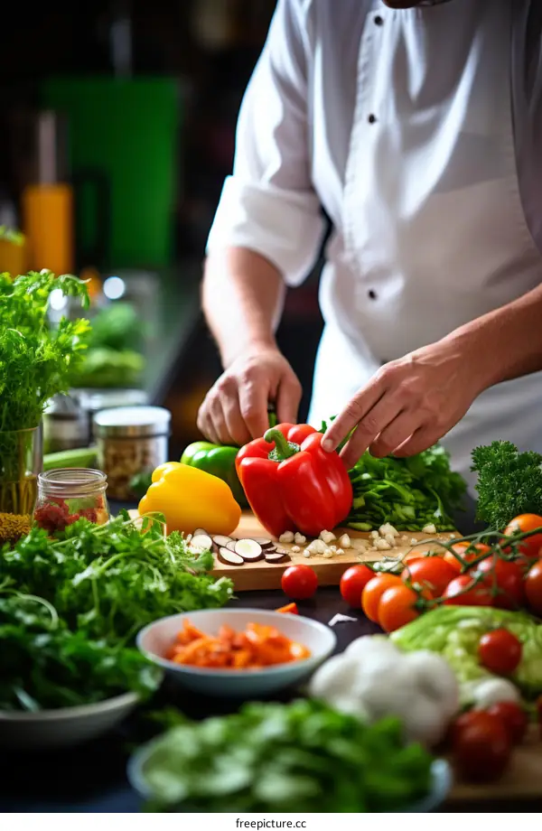 Chef cutting red bell pepper on a wooden board