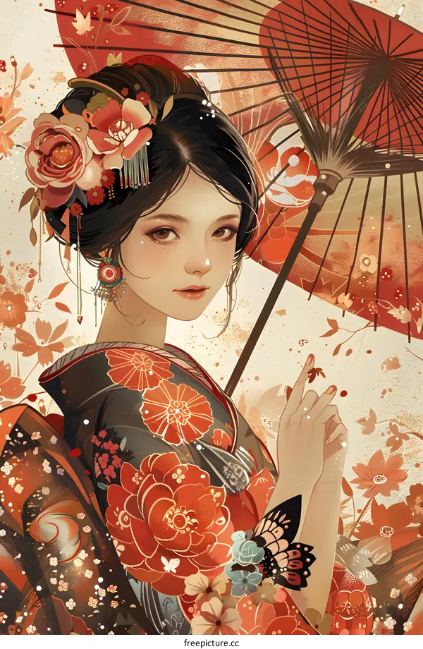 Japanese Woman in Traditional Kimono with Umbrella and Flowers