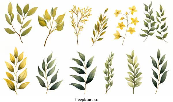 Watercolor Set of Yellow and Green Leaves and Sprigs