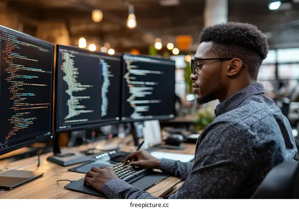 African American Programmer Working on Multiple Screens